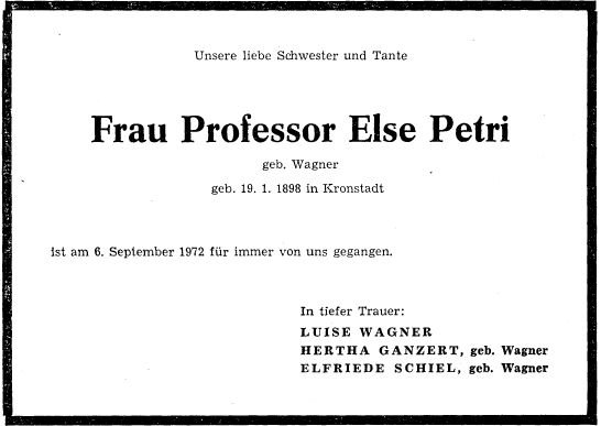 Wagner Elsa  1898-1972 Todesanzeige